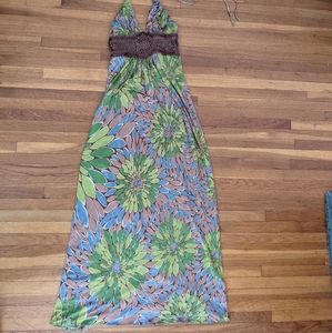 Sky Green Blue Brown Floral Maxi Dress